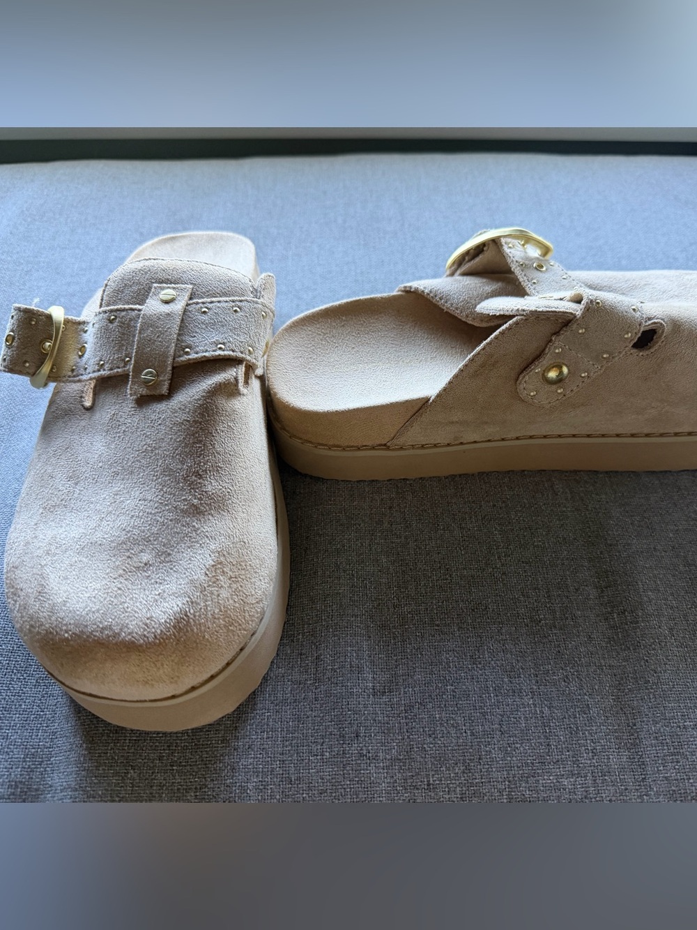 American Eagle Outfitters Suede Slide Clogs in Beige with Gold Buckles